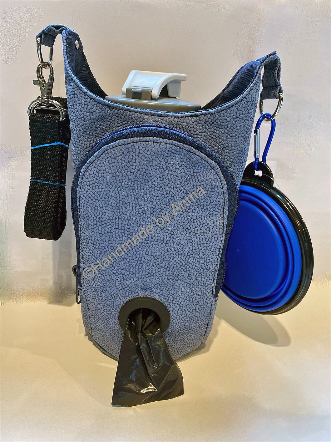 Blue textured, leather feel, vinyl dog walking bag